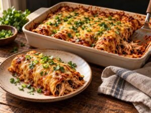 Freezer-Friendly Chicken Enchiladas Pan of baked chicken enchiladas in red sauce with melted cheese, cilantro and green onions, one served on a plate
