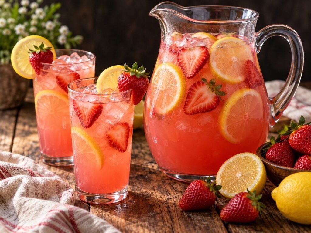 Pitcher and glasses of fresh strawberry lemonade with lemon slices