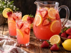 Fresh Strawberry Lemonade Pitcher and glasses of fresh strawberry lemonade with lemon slices