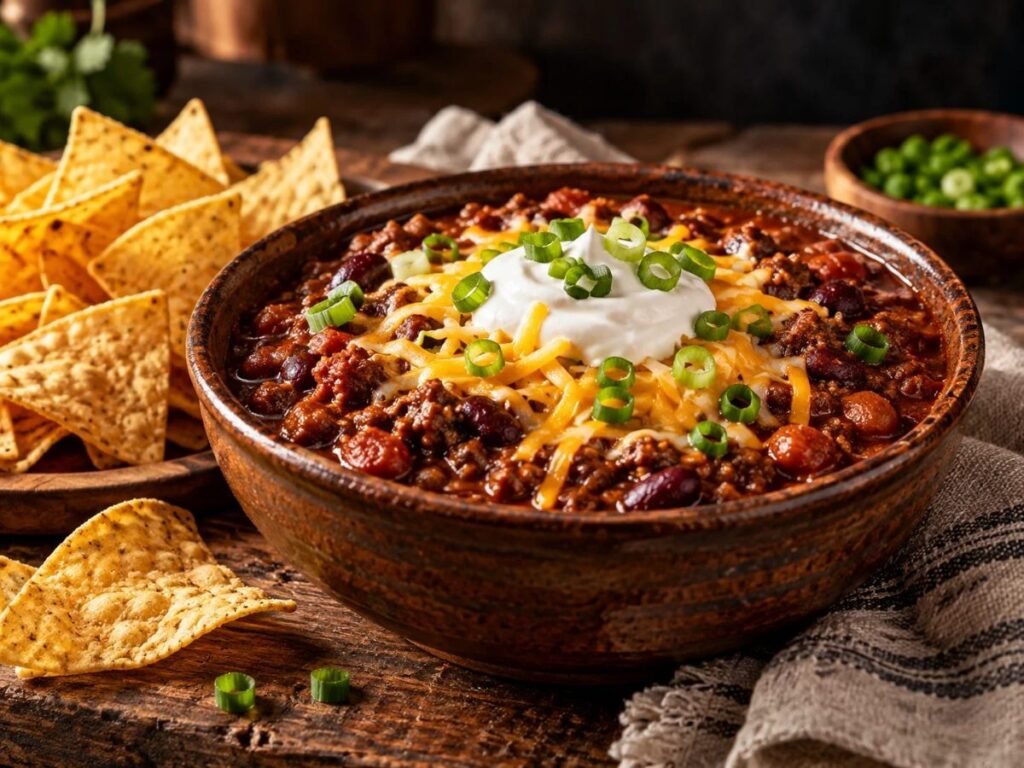 Game day chili with beans topped with sour cream and cheese