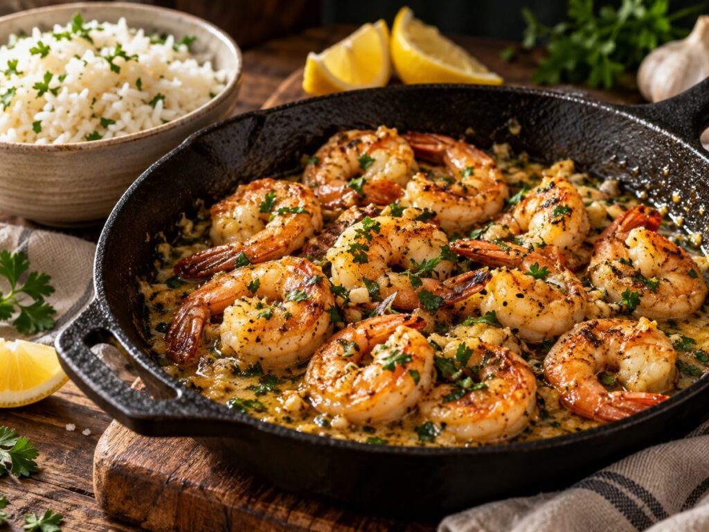 Garlic butter shrimp in a skillet served with white rice and lemon