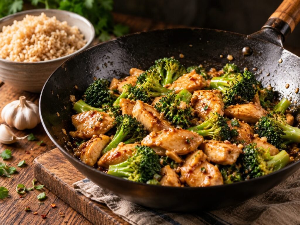 Garlic chicken and broccoli stir-fry in a wok with brown rice