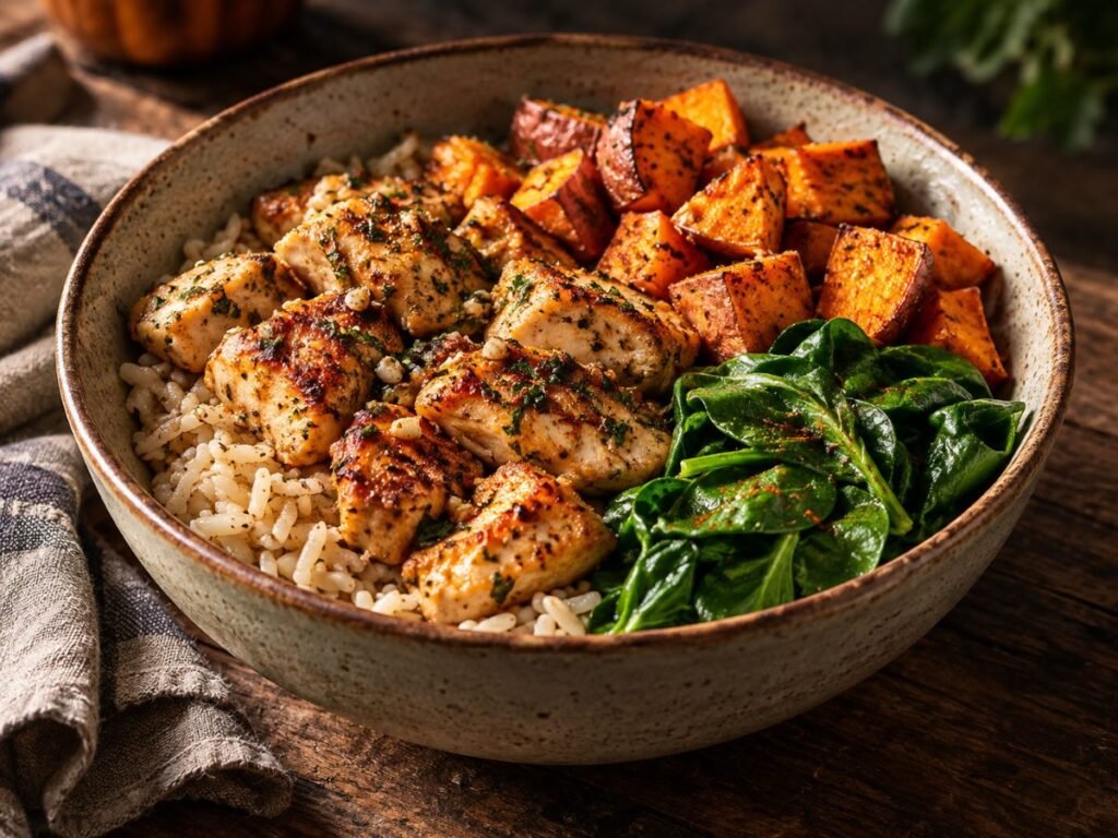 Healthy bowl of brown rice, garlic chicken, roasted sweet potatoes, and spinach