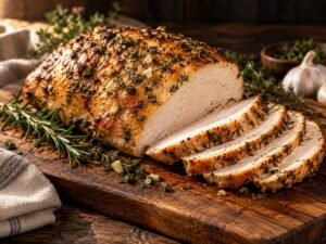 Garlic and herb roasted boneless turkey breast, sliced on a board