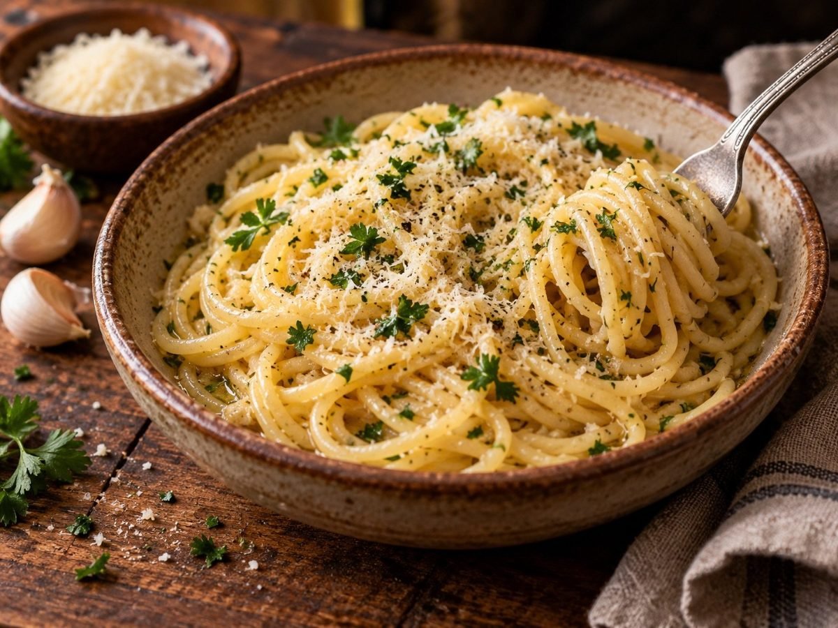 Garlic Parmesan buttered noodles with parsley in an earthenware bowl