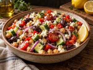Greek Chickpea Salad Greek chickpea salad with cucumber, tomatoes, red onion, olives and feta in an earthenware bowl
