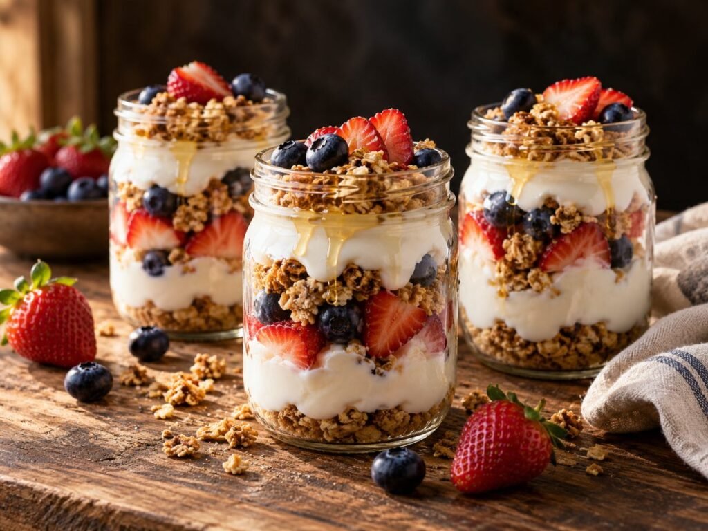 Greek yogurt parfait jars layered with granola and fresh berries
