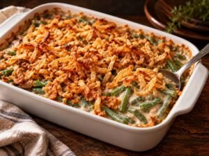 Green Bean Casserole Green bean casserole topped with crispy fried onions in a white baking dish
