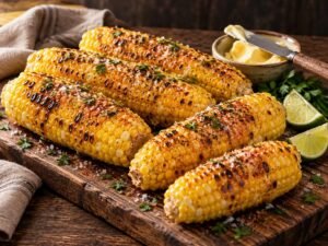 Grilled Corn on the Cob Grilled corn on the cob with butter and charred kernels on a wooden board
