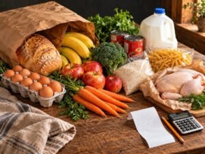 Paper grocery bag with bread, eggs, produce, milk, chicken and pantry staples beside a receipt and calculator