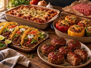 Budget ground beef meals including tacos, stuffed peppers, meatloaf muffins, and pasta bake