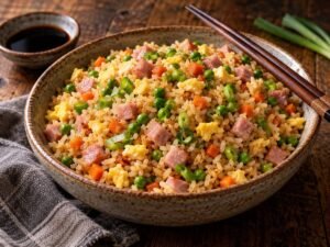 Ham Fried Rice Ham fried rice with peas, carrots, egg and green onions in a bowl