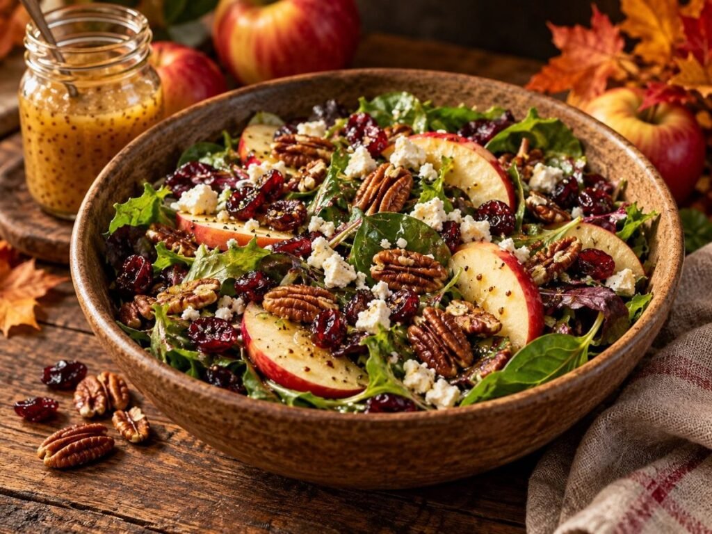 Fall harvest salad with mixed greens, apple slices, dried cranberries, pecans and feta