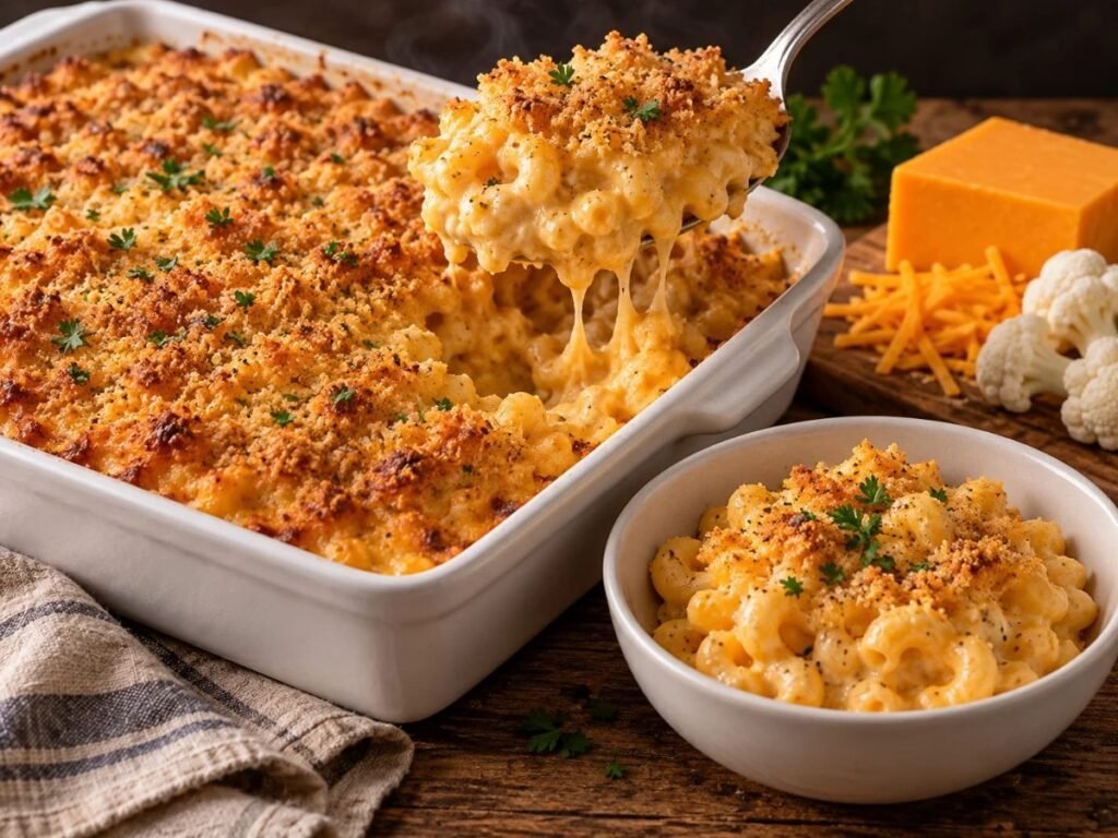 Healthy baked mac and cheese with a golden breadcrumb top and a creamy scoop lifted from the dish