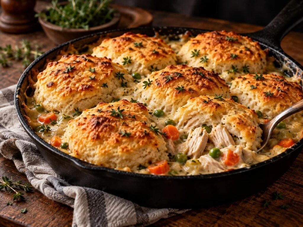 Healthy chicken pot pie skillet with a golden biscuit topping