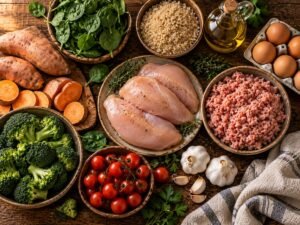 A Week of Healthy Dinners Using Just 10 Ingredients Ten healthy dinner ingredients including chicken, ground turkey, eggs, brown rice, and sweet potatoes