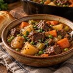 Bowl of hearty beef stew with tender beef, potatoes, carrots and peas in a rich brown gravy