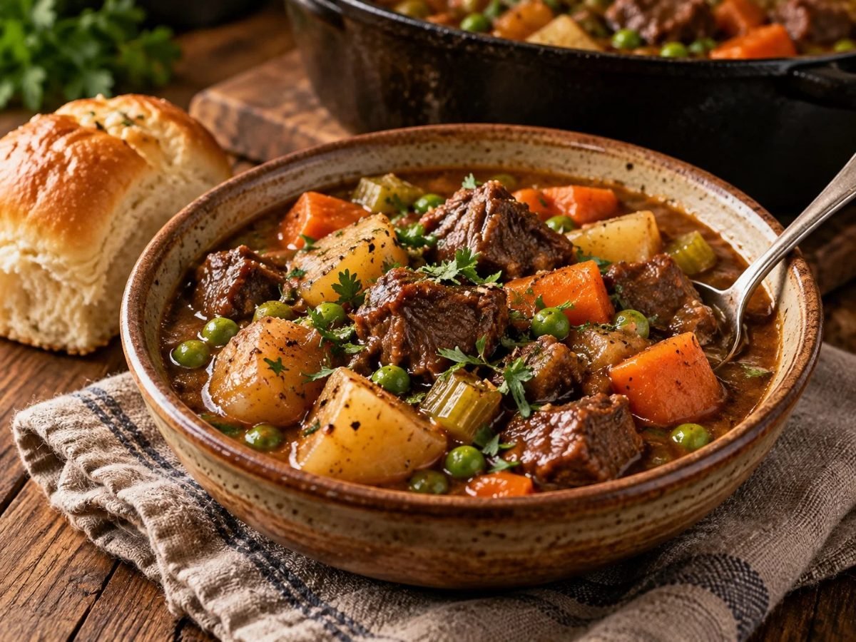 Bowl of hearty beef stew with tender beef, potatoes, carrots and peas in a rich brown gravy