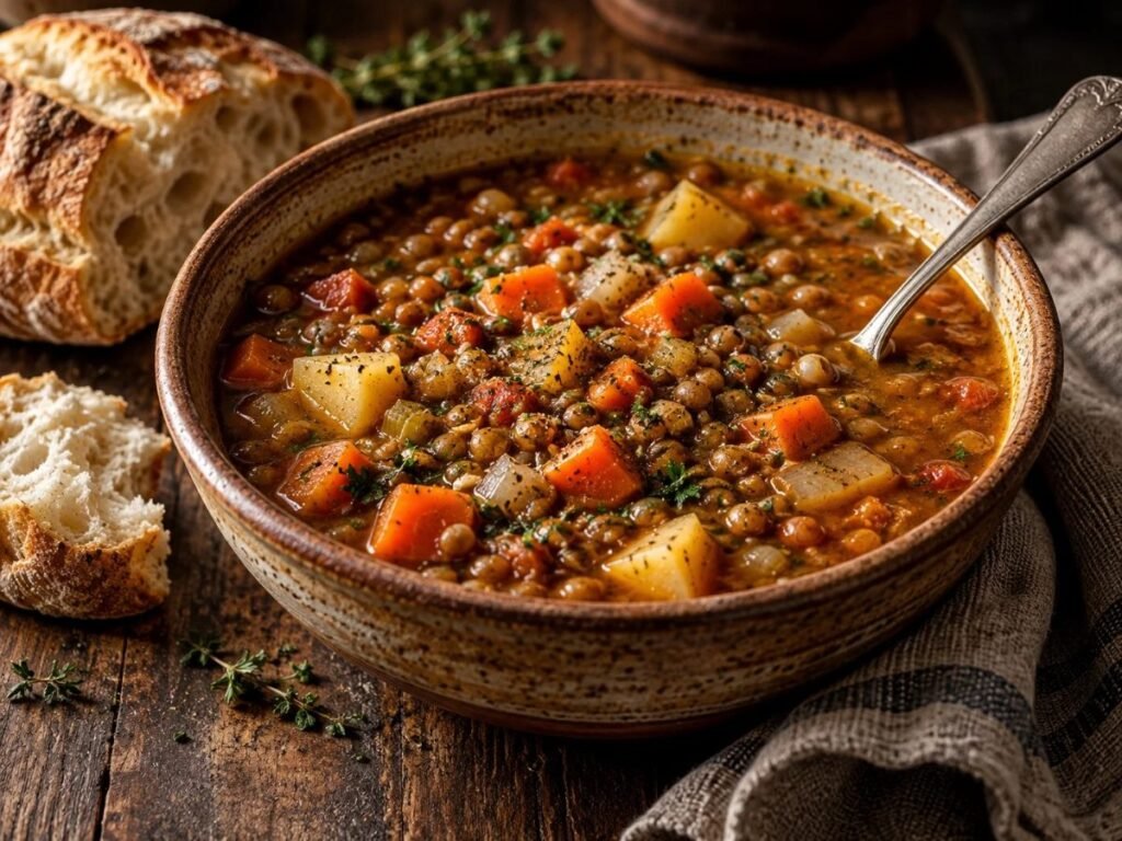 Hearty one-pot vegetable lentil soup in a pot
