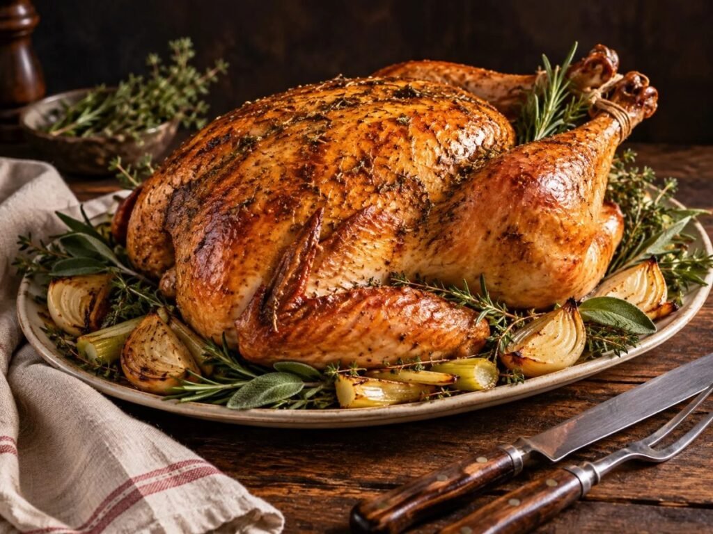 Roasted whole turkey with herbs on a platter