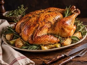 Roasted Whole Turkey with Herbs Roasted whole turkey with herbs on a platter