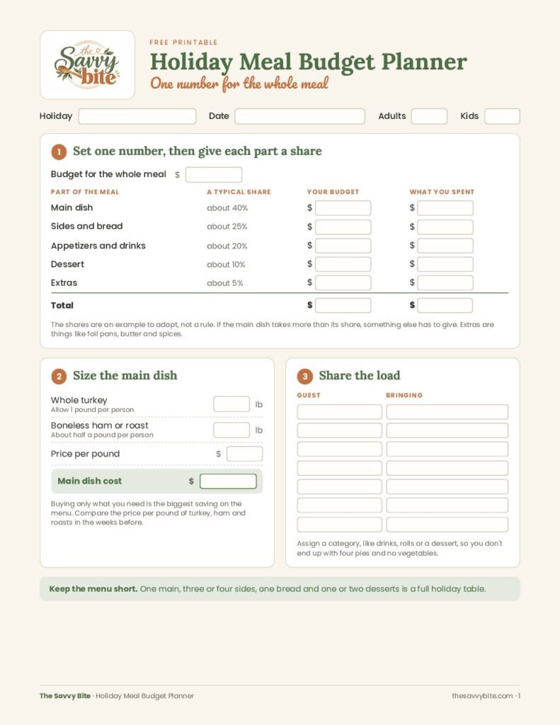 Preview of the Holiday Meal Budget Planner printable