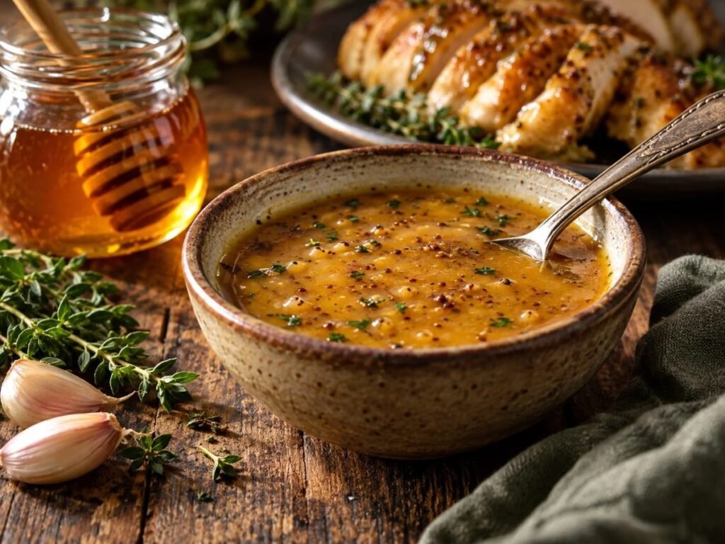 Honey Dijon pan sauce in a bowl next to sliced chicken