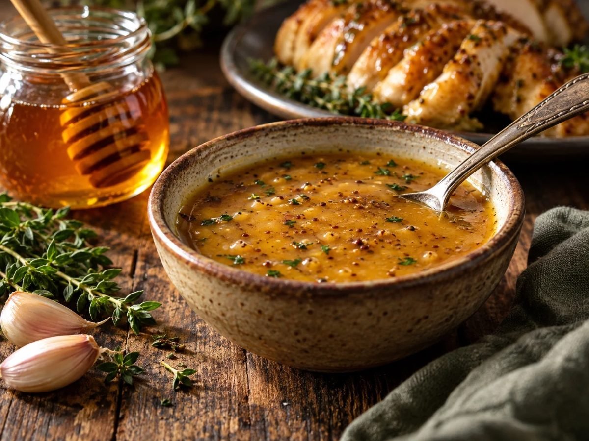 Honey Dijon pan sauce in a bowl next to sliced chicken