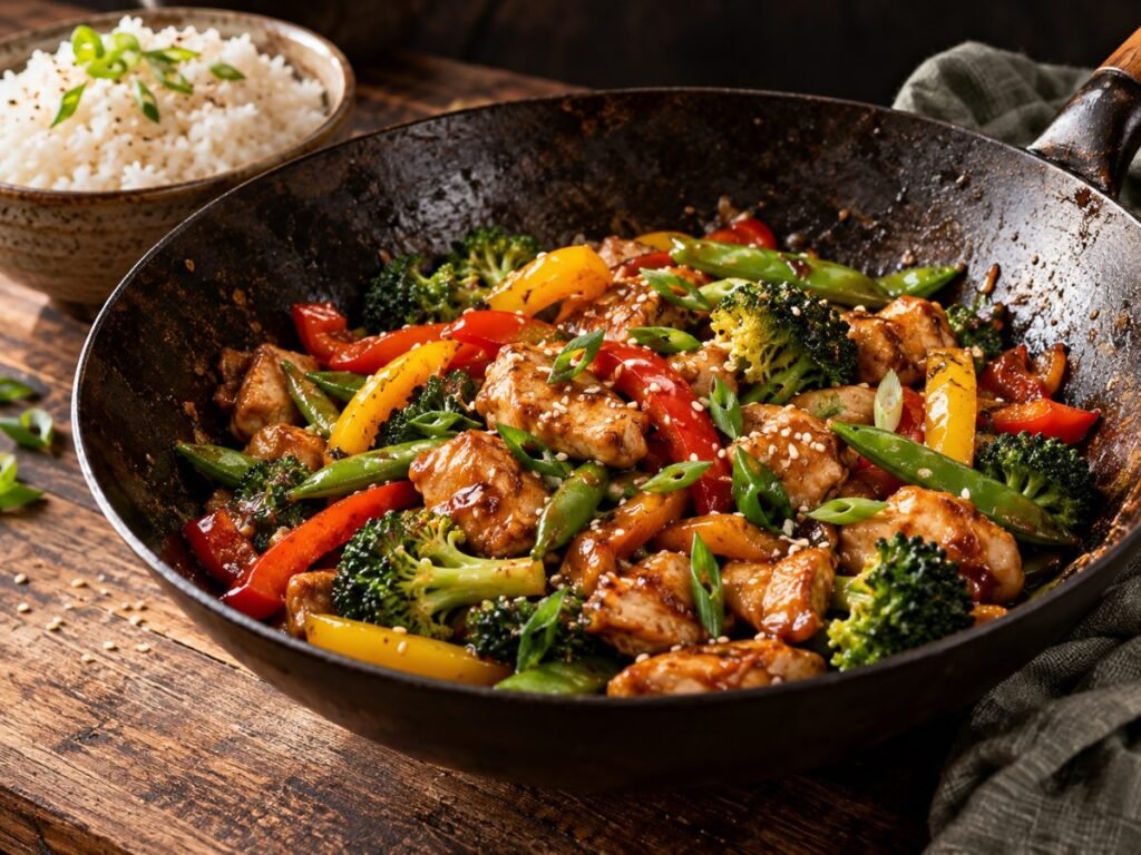 Honey soy chicken stir fry with peppers, broccoli, and snap peas