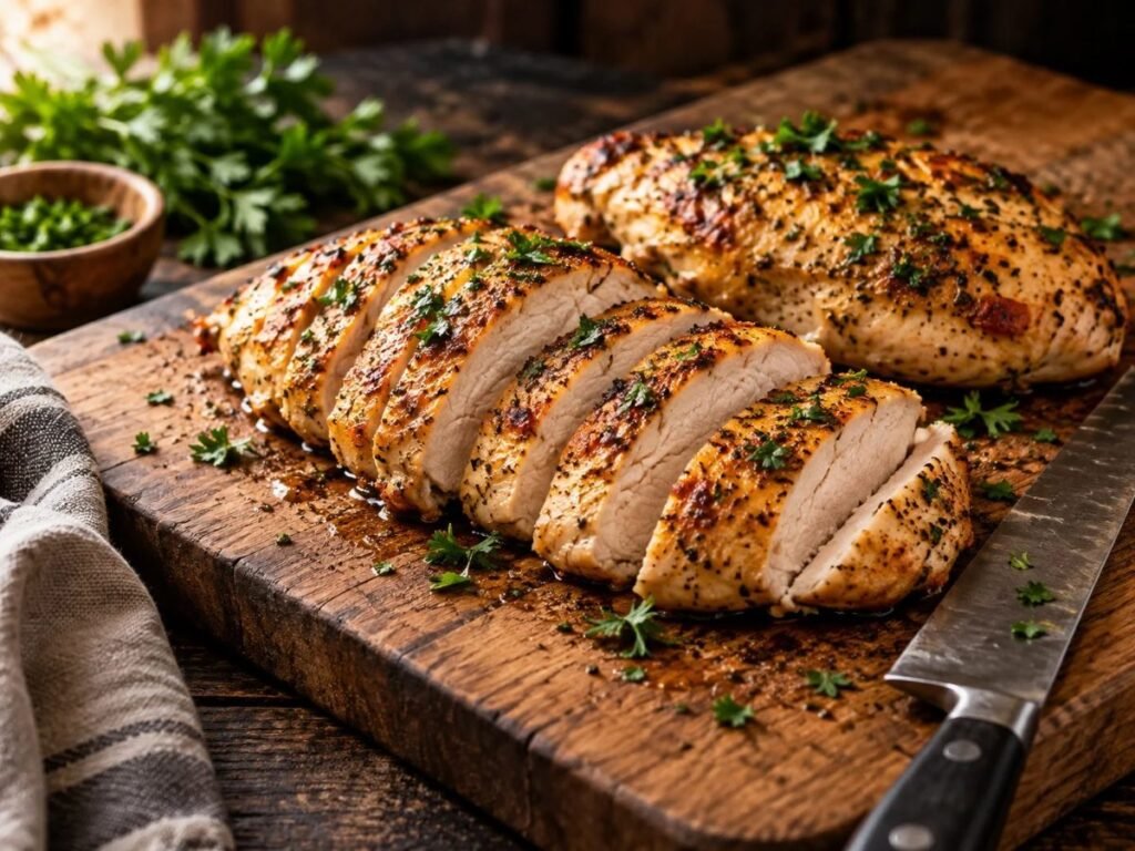 How to bake chicken: sliced baked chicken breasts on a board