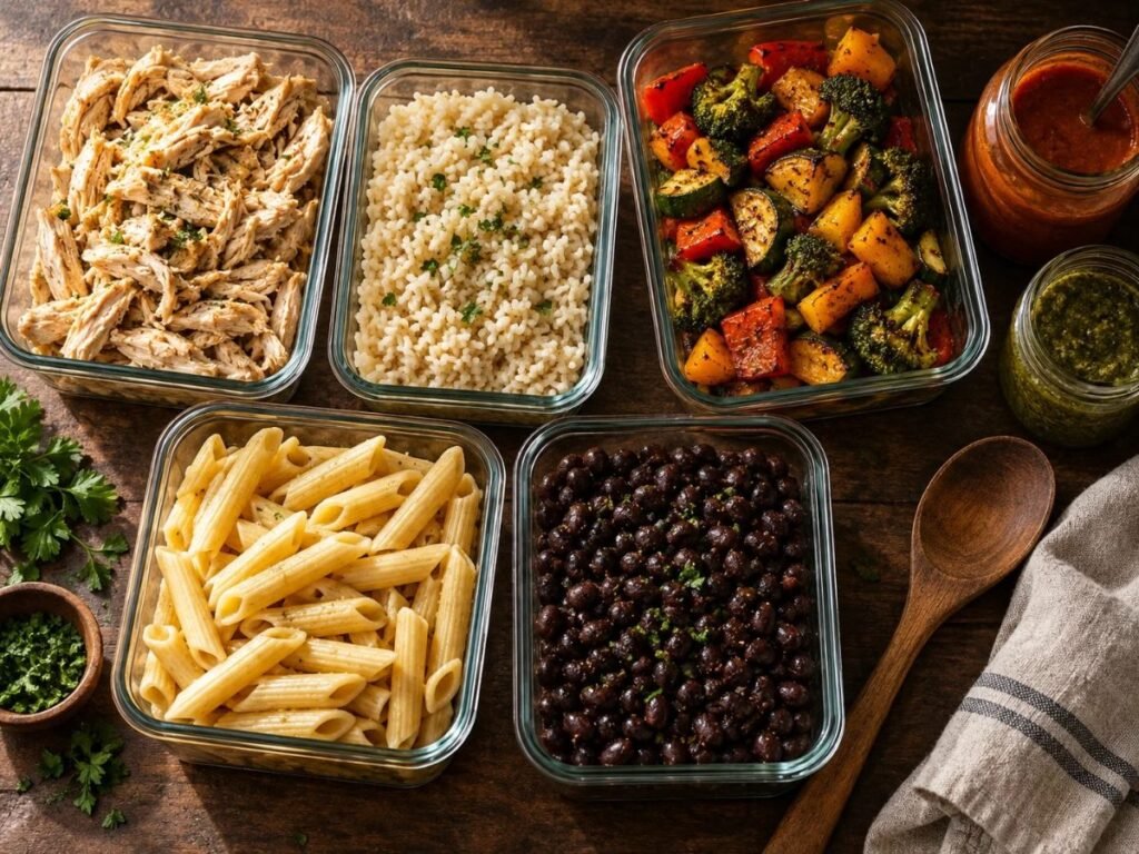 Batch cook for the week: containers of rice, roasted vegetables, pasta, beans and chicken