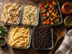 Batch cook for the week: containers of rice, roasted vegetables, pasta, beans and chicken