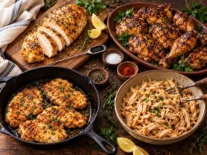 Baked, grilled, pan-fried and slow cooker shredded chicken on a rustic wooden table