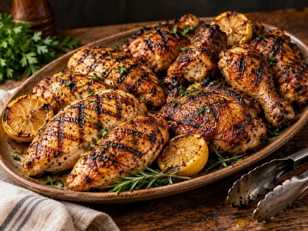 Grilled chicken breasts, thighs and drumsticks with char marks on a platter
