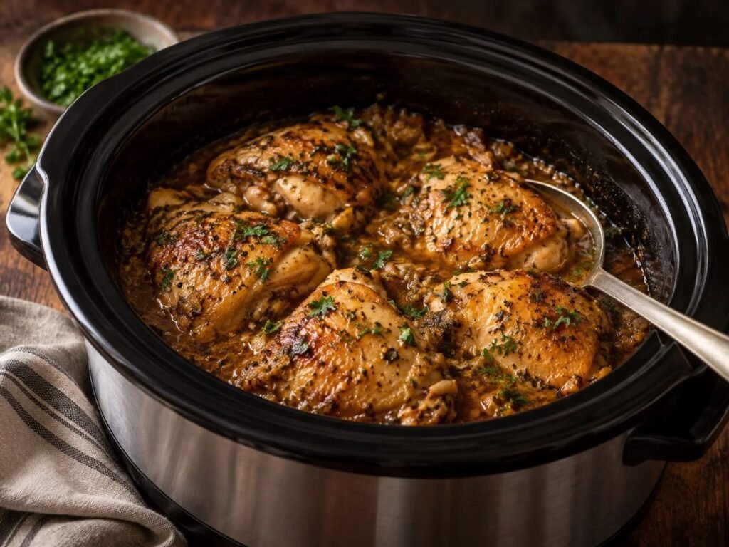 How to slow cook chicken: chicken thighs in a slow cooker