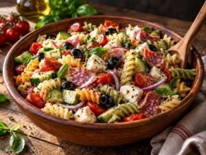 Italian pasta salad with rotini, salami, mozzarella, cherry tomatoes, cucumber and olives