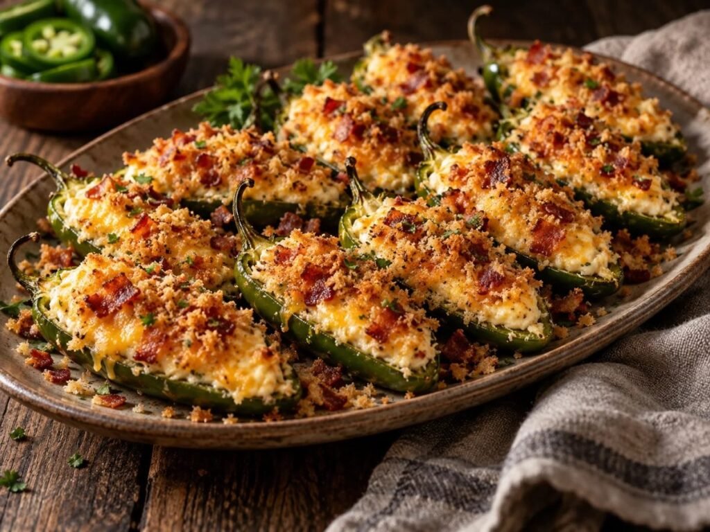 Baked jalapeño poppers with a crispy cheese filling