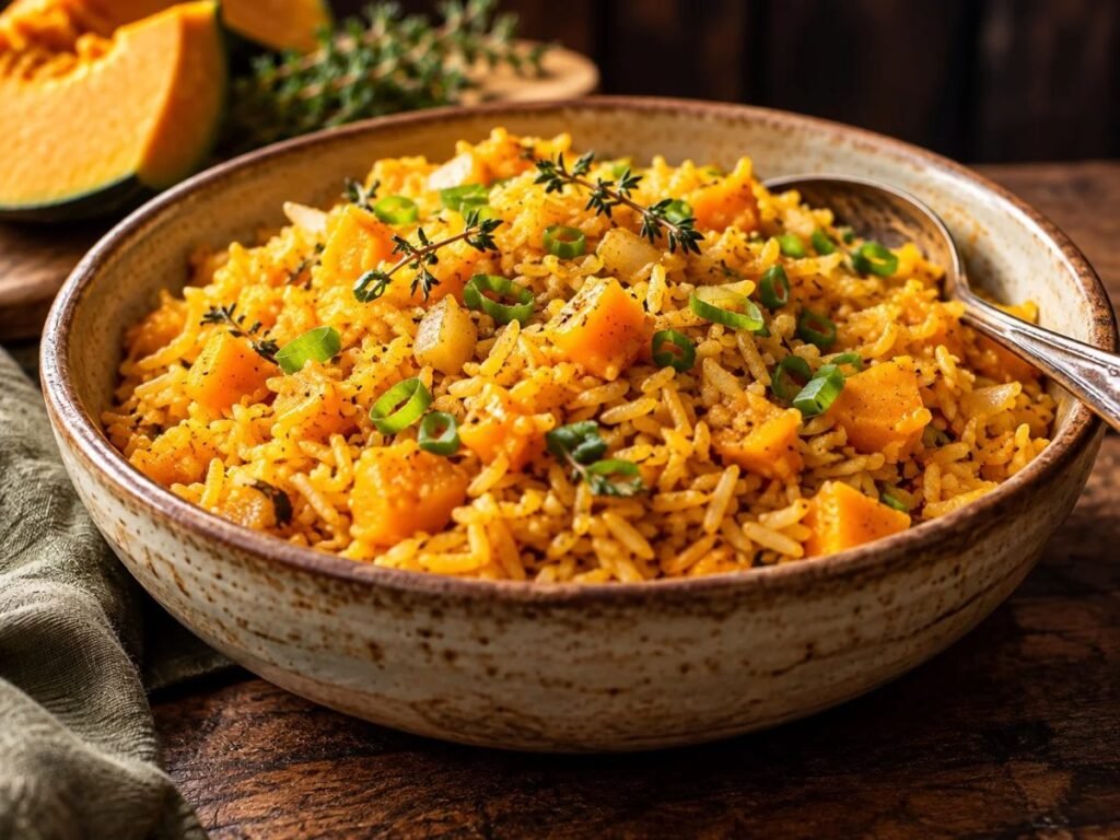 Jamaican pumpkin rice with green onions and thyme in a bowl