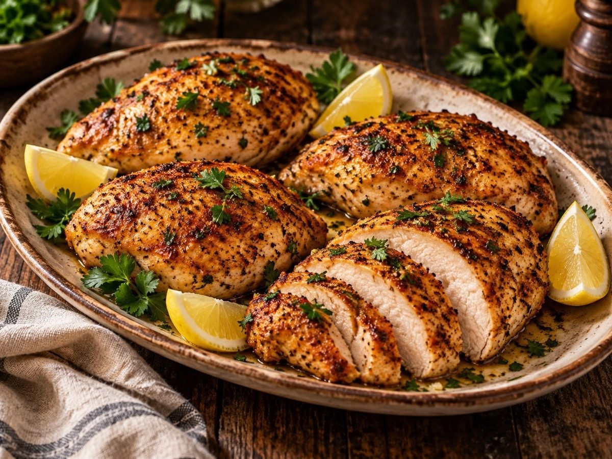 Baked chicken breasts on a platter with one sliced to show the juicy center