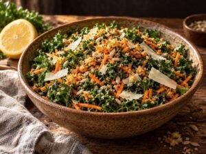 Kale crunch salad with shredded carrots, toasted breadcrumbs, sunflower seeds and shaved parmesan