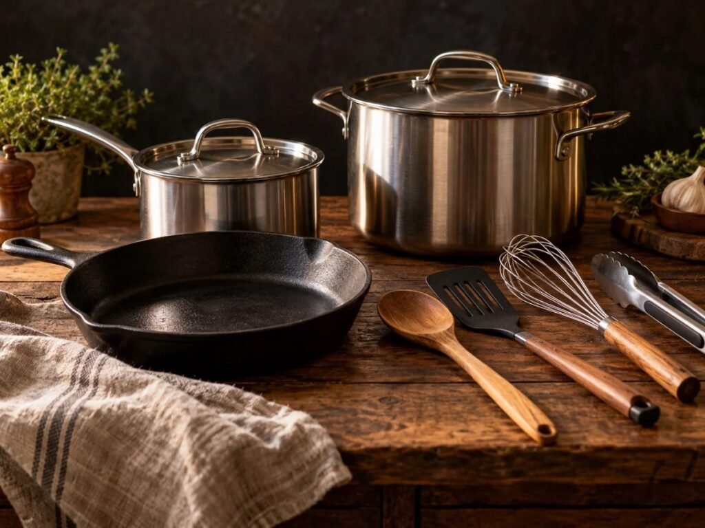 Cooking and mixing tools: a stockpot, skillet, whisk and wooden spoons