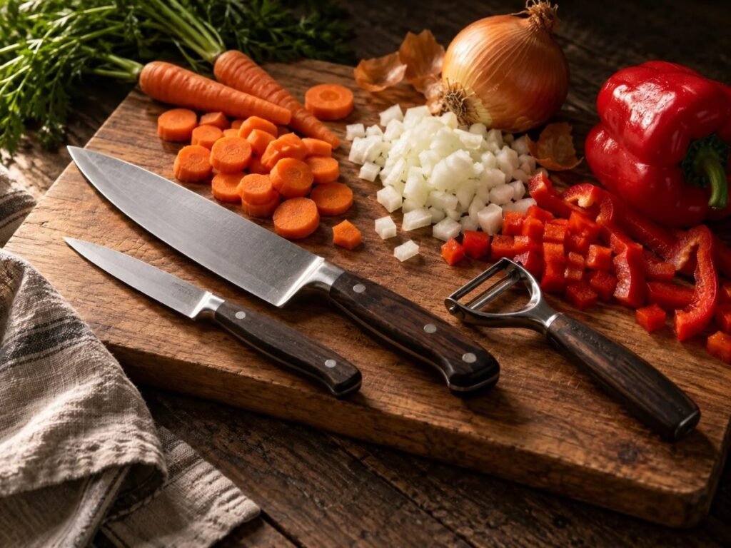 Cutting and chopping tools: a chef’s knife and cutting board with chopped vegetables