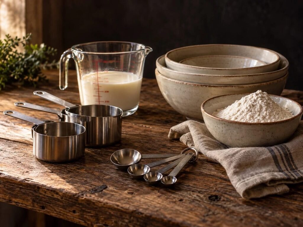 Measuring and prep tools: measuring cups, measuring spoons and mixing bowls