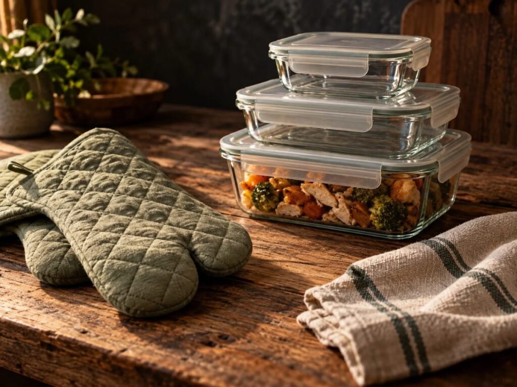 Kitchen safety and storage tools: oven mitts and glass food storage containers
