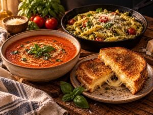 15 Lazy Dinner Ideas - What to Cook When You Don’t Feel Like Cooking Easy lazy dinner of tomato basil soup with grilled cheese and pesto pasta