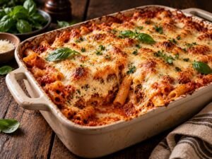 No-boil baked ziti with bubbling melted mozzarella in a baking dish