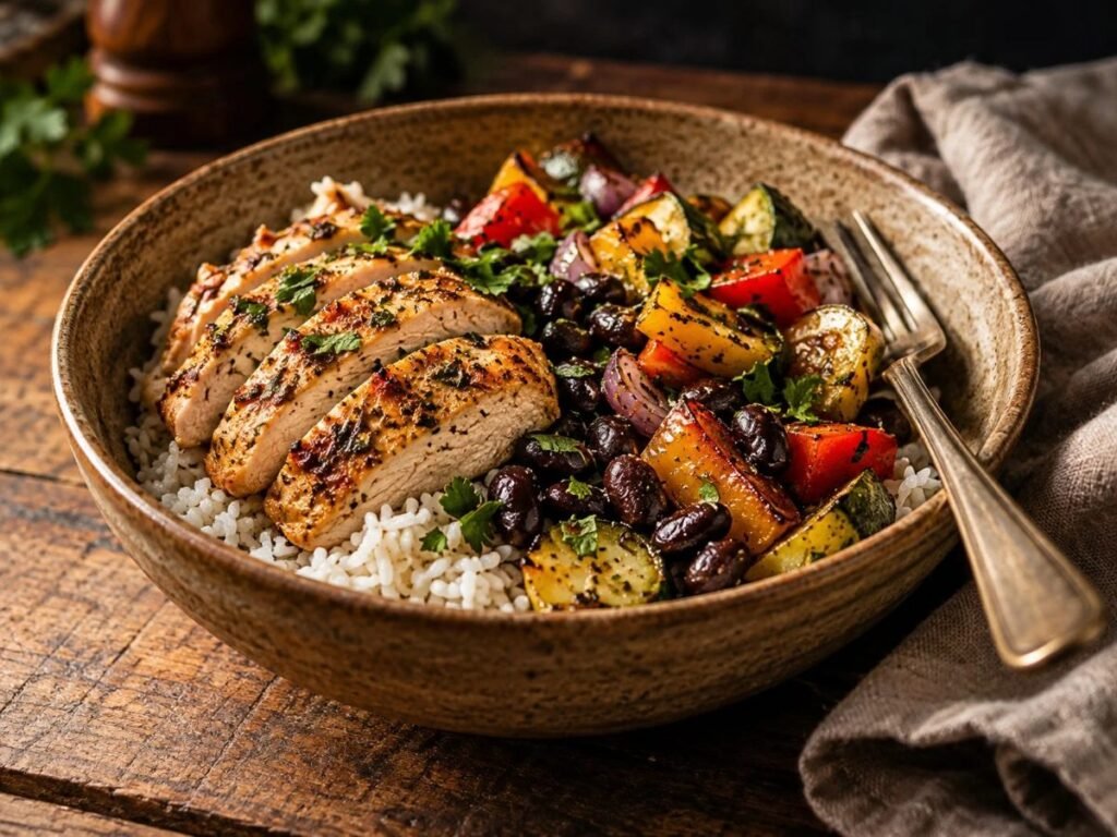 Leftover dinner bowl with chicken, rice, black beans and roasted vegetables