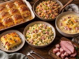 7 Leftover Ham Recipes That Stretch One Ham Into a Week of Meals Leftover ham dishes including sliders, fried rice, potato soup, pasta and breakfast casserole