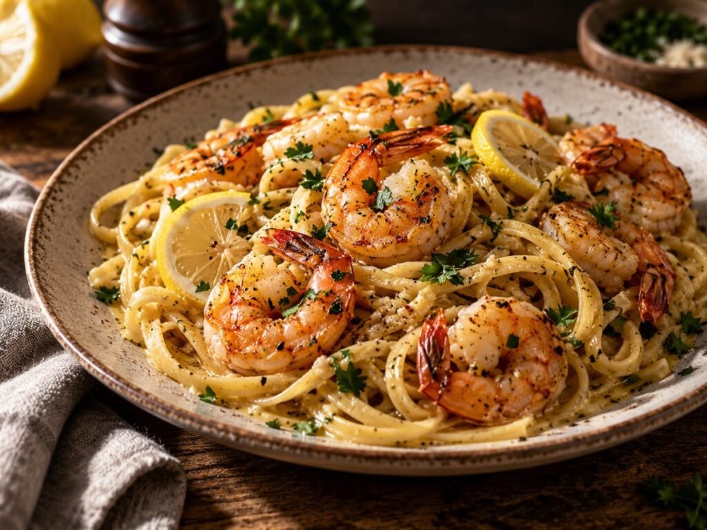 Lemon butter shrimp linguine with parsley and lemon slices