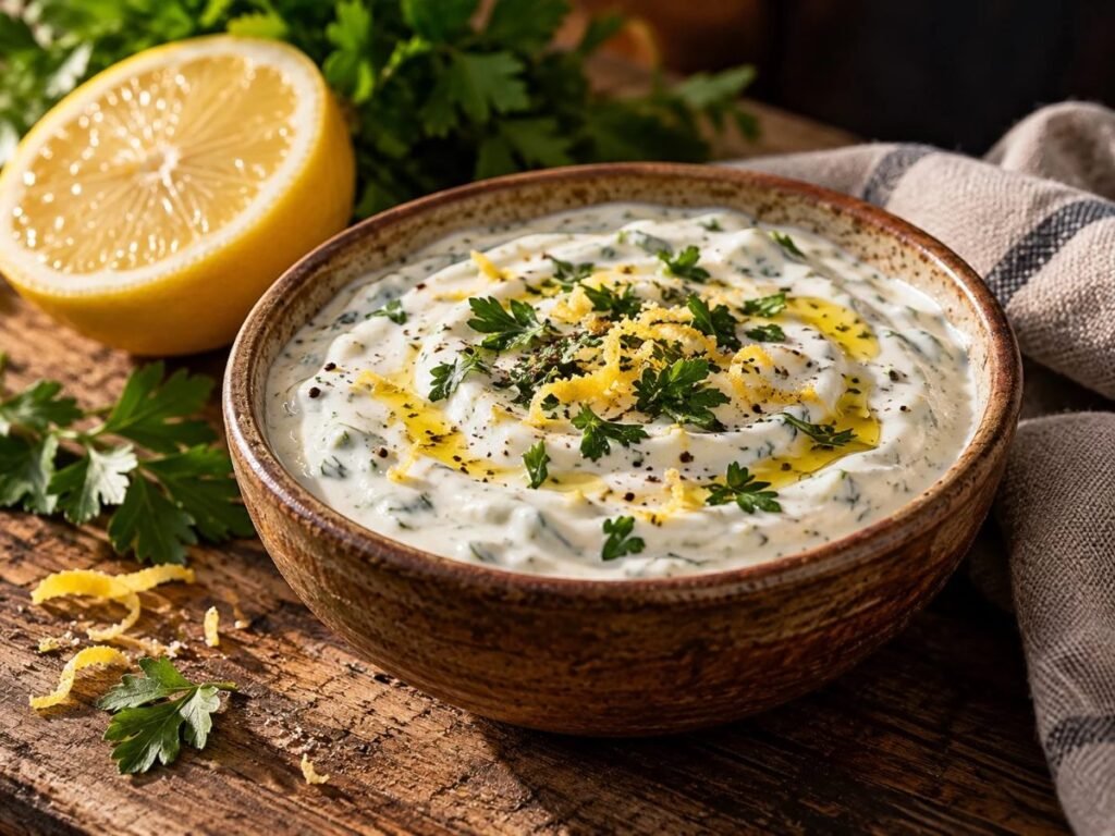 Lemon herb yogurt sauce topped with lemon zest and herbs